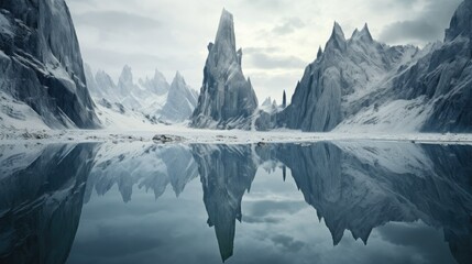  a mountain range is reflected in the still water of a lake.  generative ai