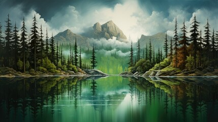 a painting of a mountain lake with trees and mountains in the background.  generative ai