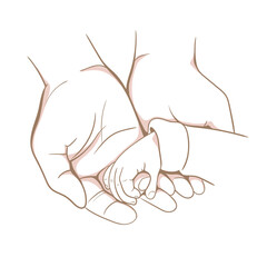 Line art sketch of baby feet in mother hands; Happy family maternity concept; Hand drawn vector illustration. 