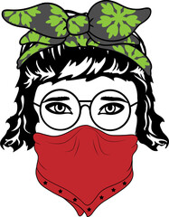 Fototapeta premium Women with Messy Bun Bandana Clipart mom life Woman's face Middle finger