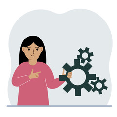 A little girl holds gears in his hands. The concept of searching for an idea, reflection or learning process.