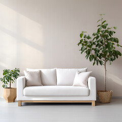 Minimalistic Modern Living Room: White Linen Sofa, Plant, and Simple Decor, Generative AI