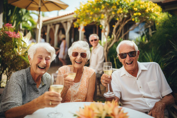 Happy group of elderly people enjoying companionship at a social gathering in retirement village  - obrazy, fototapety, plakaty