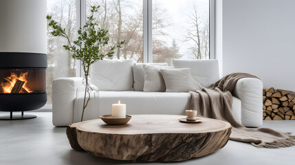 Rustic live edge coffee table made from tree trunk log near fireplace against white sofa. Scandinavian home interior design of modern living room with big windows