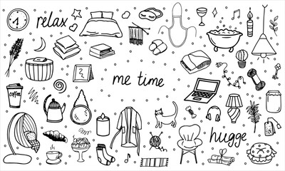 Set of elements is a cozy house. Interior items, dishes. Bed, armchair, furniture, plants. Vector black and white elements drawn by hand. Logo, doodle, icon, sketch, clipart, template, design