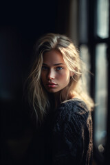 Fototapeta premium Portrait of a beautiful girl with blond hair and blue eyes in a knitted sweater, posing near the window and sun lights and windows shades coming to her hair and shoulder.