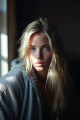 Fototapeta premium Portrait of a beautiful girl with blond hair and blue eyes in a knitted sweater, posing near the window and sun lights and windows shades coming to her hair and shoulder.