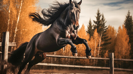 Beautiful black horse gallops in the field. Toned. 