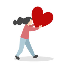 small woman holding big heart illustration vector png transparent background. concept of love, giving, mother's love, true love, blinding by love, girlfriend, mother's day, wife, love responsibility