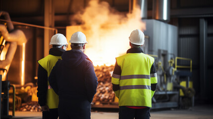 Workers in a biomass power plant feeding organic materials into the furnace, renewable energy sources, blurred background, with copy space