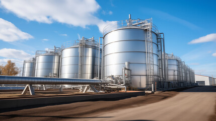 A biofuel processing facility with tanks and equipment, renewable energy sources, blurred background, with copy space