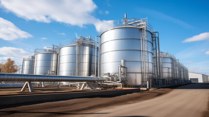 Fototapeta premium A biofuel processing facility with tanks and equipment, renewable energy sources, blurred background, with copy space