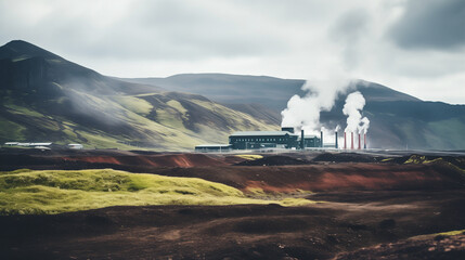 A geothermal power station nestled within a volcanic landscape, renewable energy sources, blurred background, with copy space