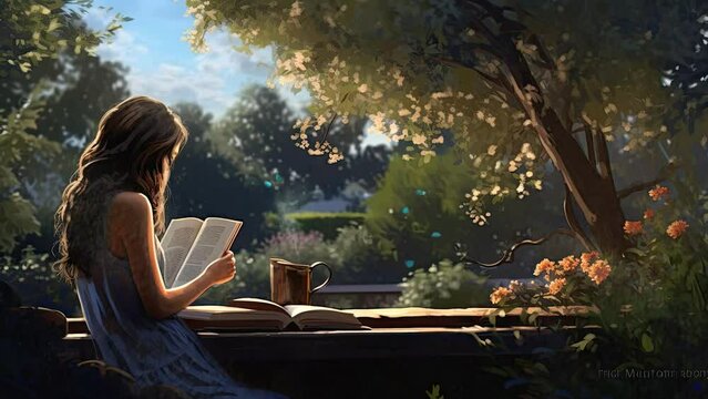 woman reading book in the garden with cartoon style. seamless looping time-lapse virtual 4k video animation background.