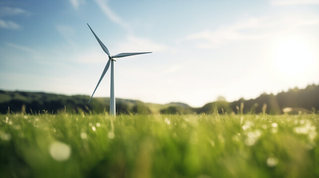 A wind turbine casting a shadow on a green field as it generates electricity, renewable energy sources, blurred background, with copy space