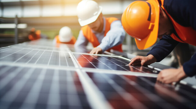 Workers assembling solar panels in a clean energy manufacturing plant, renewable energy sources, blurred background, with copy space