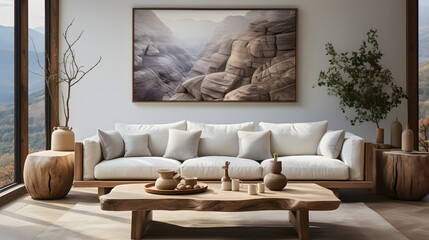 Rustic live edge table and chairs near beige sofa. Scandinavian interior design of modern living room with big art poster