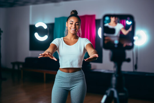 Young woman recording on a smart phone her vlog about cosmetics. Influencer marketing in social media concept