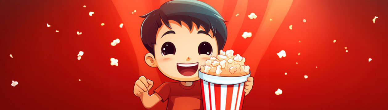 banner portrait cartoon smiling asian anime child boy eating popcorn from big cinema red striped box over red background, copyspace.