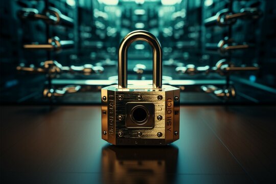 A computer framed by a padlock, representing data protection measures