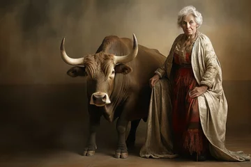Afwasbaar fotobehang Persistent Bullfighter old woman bull. Matador fight. Generate Ai © juliars