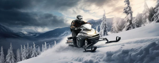 Fotobehang A man rides a snowmobile in the snowy mountains. Outdoor winter recreational lifestyle adventure and sport activity. © Jasmina