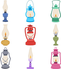 kerosene lamp set cartoon. light ancient, metal glass, flame fire kerosene lamp sign. isolated symbol vector illustration