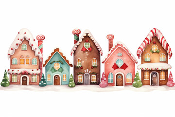 Gingerbread village with multiple houses, candy canes, and icing details, watercolor style, white background
