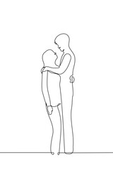 woman and man are hugging, he is much taller than her - one line art vector. concept lover with a large height difference