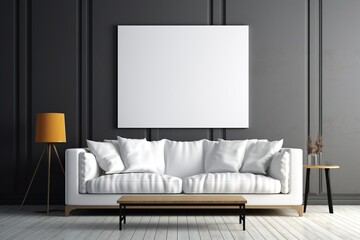 Modern white leather sofa with legs and cushions in a minimalist living room with black walls, a loft table and a yellow lamp. Modern living room interior. Generated by artificial intelligence