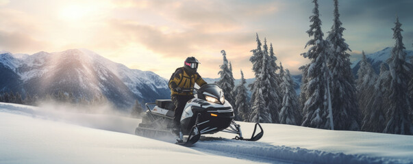 Man rides a snowmobile in the snowy mountains. Outdoor winter recreational lifestyle adventure and sport activity. - obrazy, fototapety, plakaty