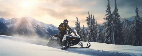 Rolgordijnen Man rides a snowmobile in the snowy mountains. Outdoor winter recreational lifestyle adventure and sport activity. © Jasmina