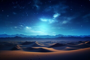 A beautiful desert landscape with rolling sand dunes and a stunning starry sky at dawn. Generative AI