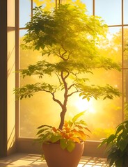 a flourishing green tree planted in a pot next to the window, sunset
