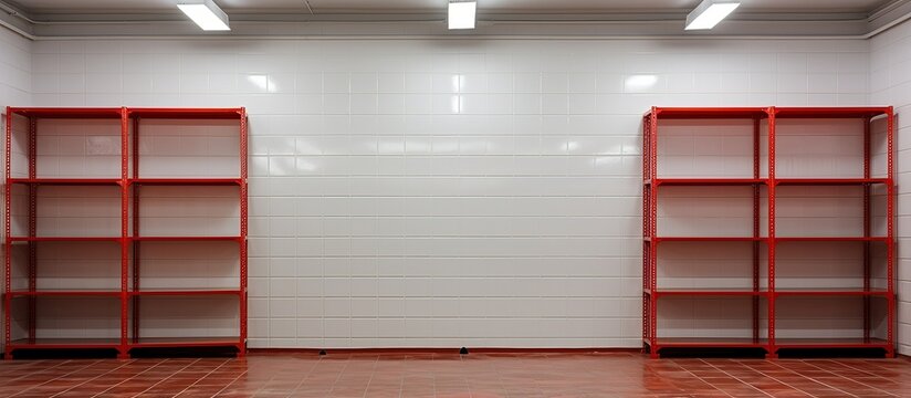 Basement storage room with empty shelves red floor and square lights on a white ceiling