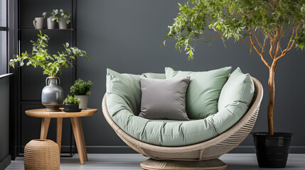  Rustic snuggle chair, loveseat, potted green branch and side table against window near grey wall with frame. Scandinavian home interior design of modern living room in farmhouse