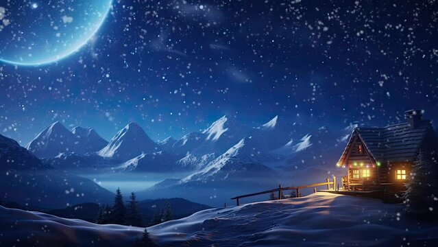 winter landscape in the mountains with snowfall. with cartoon style. seamless looping time-lapse virtual 4k video animation background.
