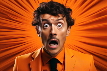 surprised happy funny man freak with a mustache in a suit with an open mouth on an orange background with a space copy