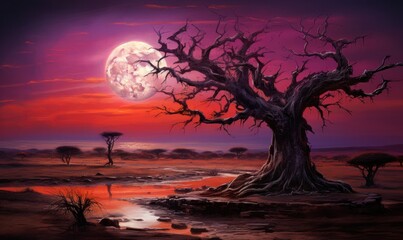 African landscape with dead tree and full moon. Digital art painting.