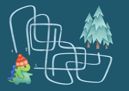 logic quest Help cute new year dino find right path to Christmas trees. winter labyrinth. Colour maze game. Kids worksheets.  logical pursuit of children's amusement, education. Map with highways