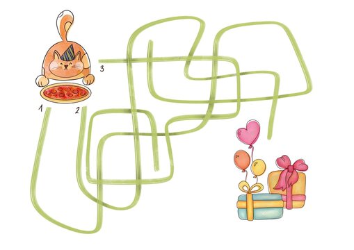 labyrinth logical Educational game for preschool children. Help cute birthday cat find right way to gift boxes and holiday balloons. Printable worksheet, learning study page nursery childish activity