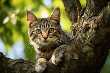 Naklejka na ściany i meble Graceful cat on tree branch. Nature animal. Generate Ai
