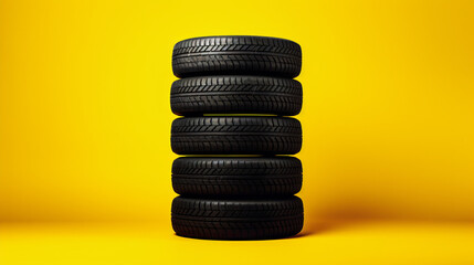 Fototapeta na wymiar Stack of black tires on yellow background