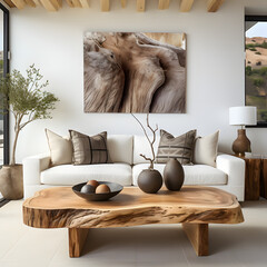 Rustic sofa and live edge coffee table against beige wall with big empty mock up poster frame. Scandinavian home interior design of modern living room in farmhouse