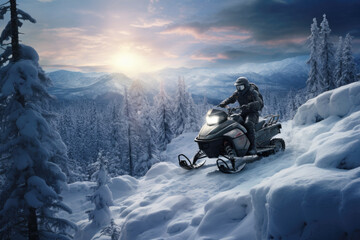 Fototapeta na wymiar Man rides a snowmobile in the snowy mountains. Outdoor winter recreational lifestyle adventure and sport activity.