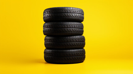 Fototapeta na wymiar Stack of black tires on yellow background