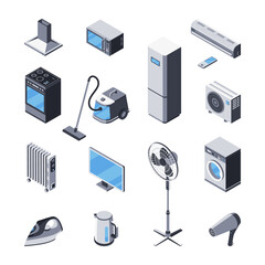Vector clipart of household appliances, electronics. Isometric 3D icons. Kitchen stove, hood, microwave, fridge, air conditioner, vacuum cleaner, heater, TV, washing machine, iron, electric ket, fan.