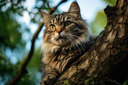 Tranquil cat on tree branch. Nature animal. Generate Ai