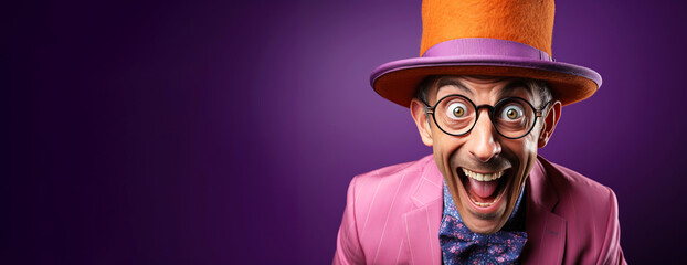 surprised happy funny man freak in a suit and hat with an open mouth on an bright background with a space copy