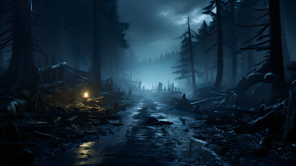 Scary foggy forest by night.